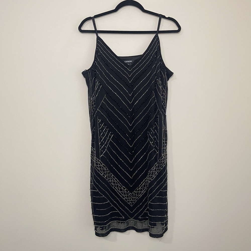 Express Black Beaded Mini Dress Art Deco Gatsby Y2K Cocktail Evening Party Sz XL